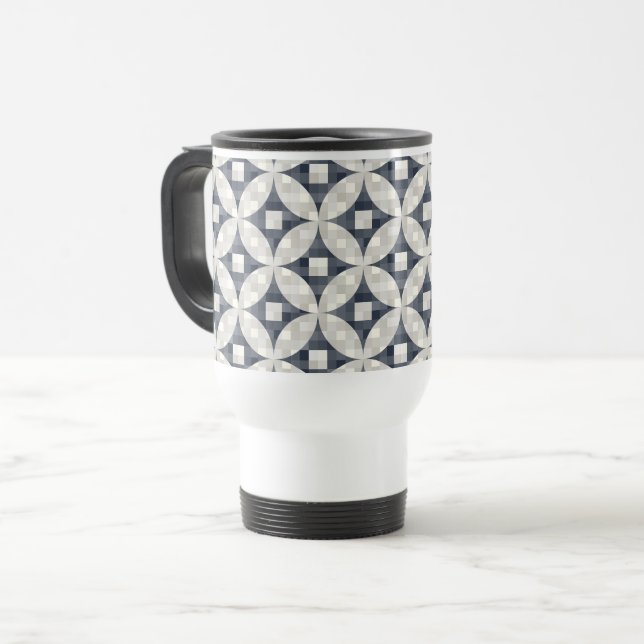 Caneca Térmica cinza azul moderna do século médio e cheque bege (Frente Esquerda)