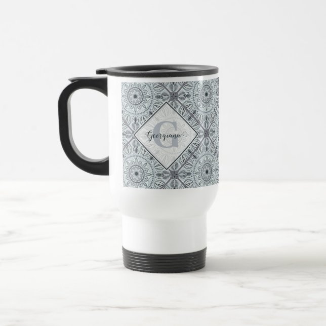 Caneca Térmica Cinza de Harmonia Floral Personalizada Mandala (Esquerda)