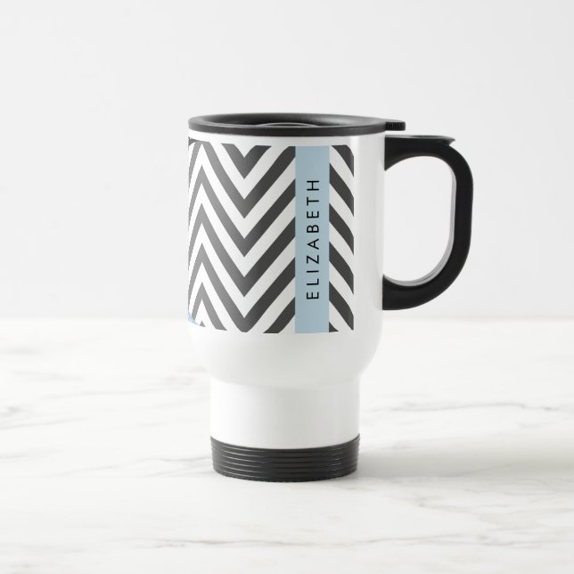 Caneca Térmica Cinza Zigzag, Cinza Chevron, Azul, Seu Nome (Direita)
