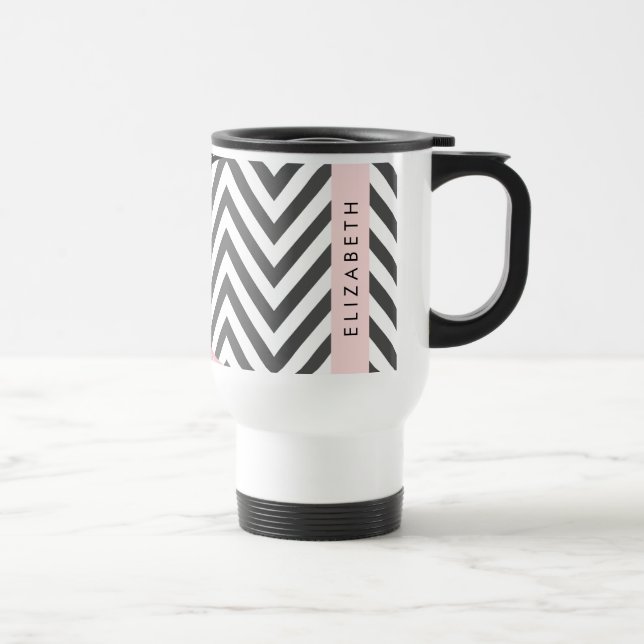 Caneca Térmica Cinza Zigzag, Cinza Chevron, Rosa, Seu Nome (Direita)