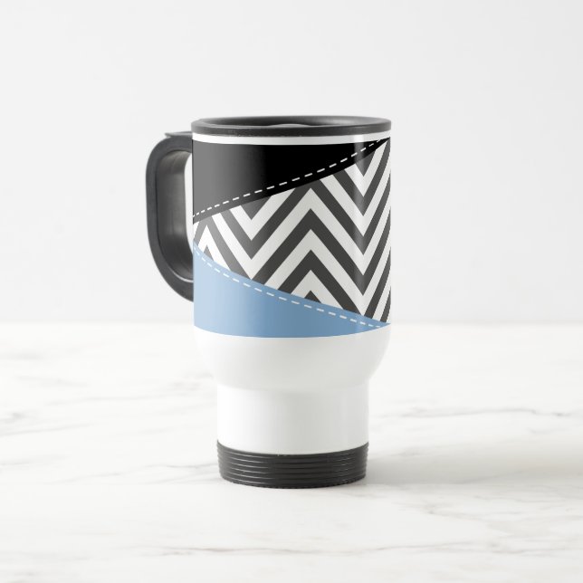Caneca Térmica Cinza Zigzag, Cinza Chevron, Zigzag Patterno, Azul (Frente Esquerda)