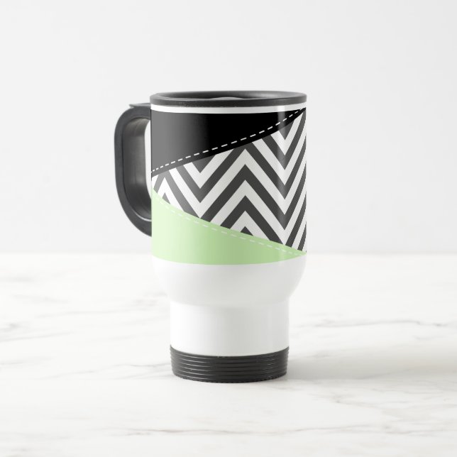 Caneca Térmica Cinza Zigzag, Cinza Chevron, Zigzag Patterno, Casa (Frente Esquerda)
