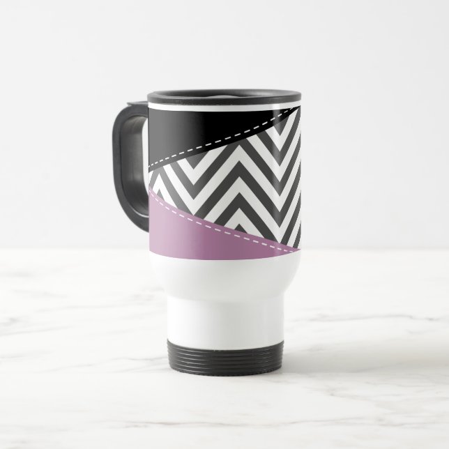 Caneca Térmica Cinza Zigzag, Cinza Chevron, Zigzag Patterno, Roxo (Frente Esquerda)