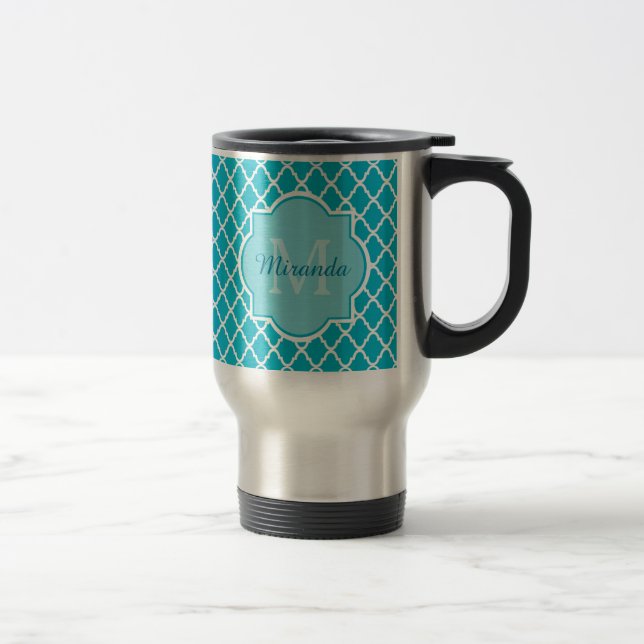 Caneca Térmica Clássica Turquesa Azul Quatrefoil Monograma e Nome (Direita)