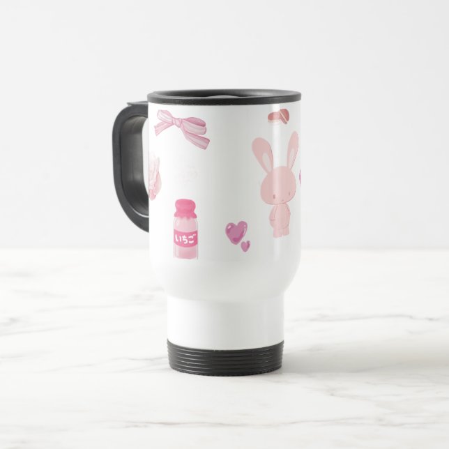 Caneca Térmica Coelho de Leite de Morango Rosa Pastel Fofo  (Frente Esquerda)