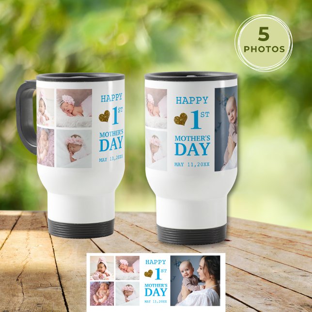 Caneca Térmica Colagem de Fotografias do Blue Baby Boy 1rua 5 (Blue Baby Boy 1st Mother's Day 5 Photo Collage Travel Mug
)