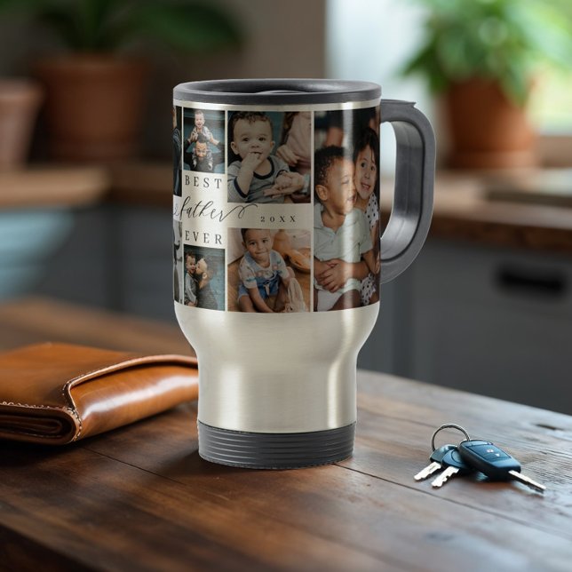 Caneca Térmica Colagem de Fotografias do Dia de os pais de Script (Best Father Ever Script Father's Day Photo Collage Travel Mug)