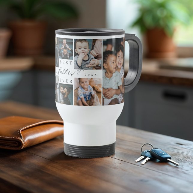 Caneca Térmica Colagem de Fotografias do Dia de os pais de Script (Best Father Ever Script Father's Day Photo Collage Travel Mug)