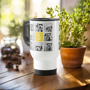 Caneca Térmica Colagem de Fotos Amarelo e Branco com Monograma Pe