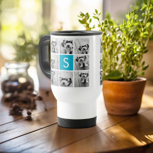 Caneca Térmica Colagem de Fotos Aqua Blue com Monograma Personali