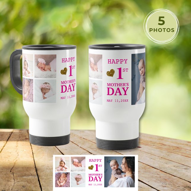 Caneca Térmica Colagem de Fotos de Garota Rosa 1rua 5 (Pink Baby Girl 1st Mother's Day 5 Photo Collage Travel Mug
)