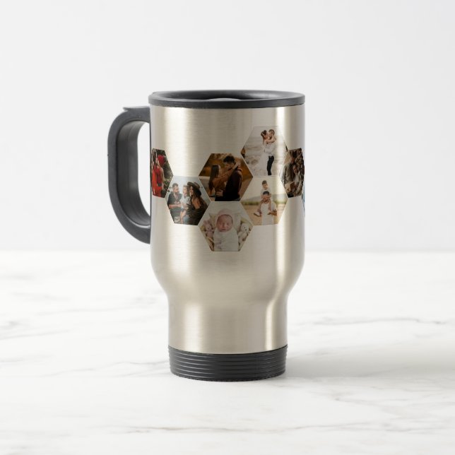 Caneca Térmica Colagem de Fotos do Hexágono Honeycomb 11 Imagens  (Frente Esquerda)