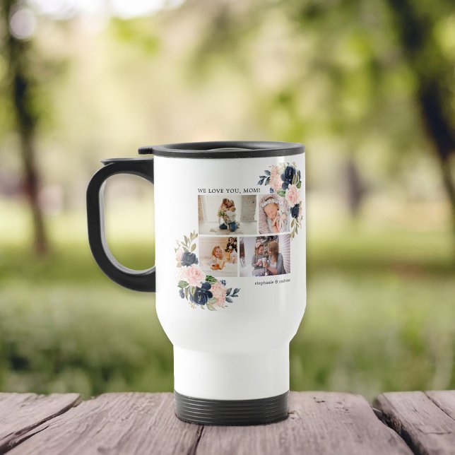 Caneca Térmica Colagem de Fotos Floral por Aquarela Botânica (Perfect gift for Mother's Day for your special mom. The design features a photo collage)