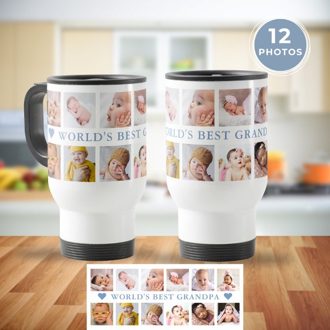 Caneca Térmica Colagem de Fotos Moderna 12 Blue World's Best Gran (Modern 12 Photo Collage Blue World's Best Grandpa Travel Mug
)