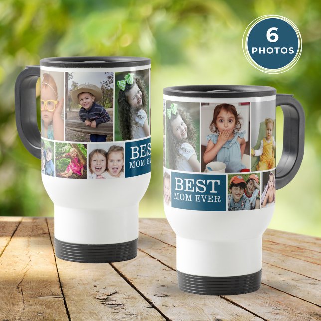 Caneca Térmica Colar de Fotos Azul Personalizado Melhor Mãe do Mu (Criador carregado)