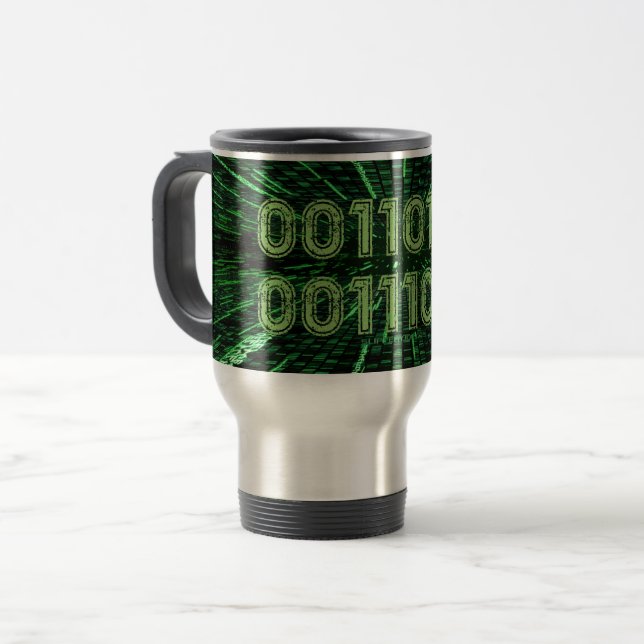 Caneca Térmica Computação verde vibrante com código binário 69 do (Frente Esquerda)