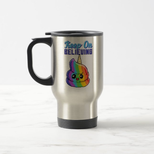 Caneca Térmica Continue Acreditando Unicórnio Arco-íris Cocô (Esquerda)