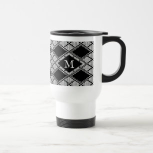 Caneca Térmica Copo de Viagem de MALHA ARGYLE PRETA + Inicial