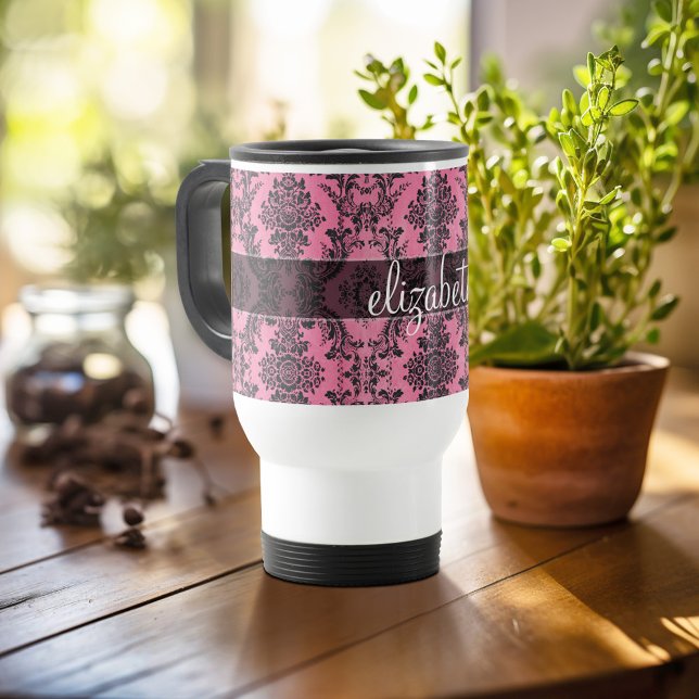 Caneca Térmica Cor damasco rosa e preto com monograma (Personalized travel mug - add photos and text or customize completely)