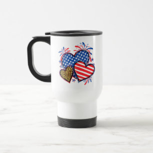 Caneca Térmica Corações de Bandeira Americana Estampa de Leopardo