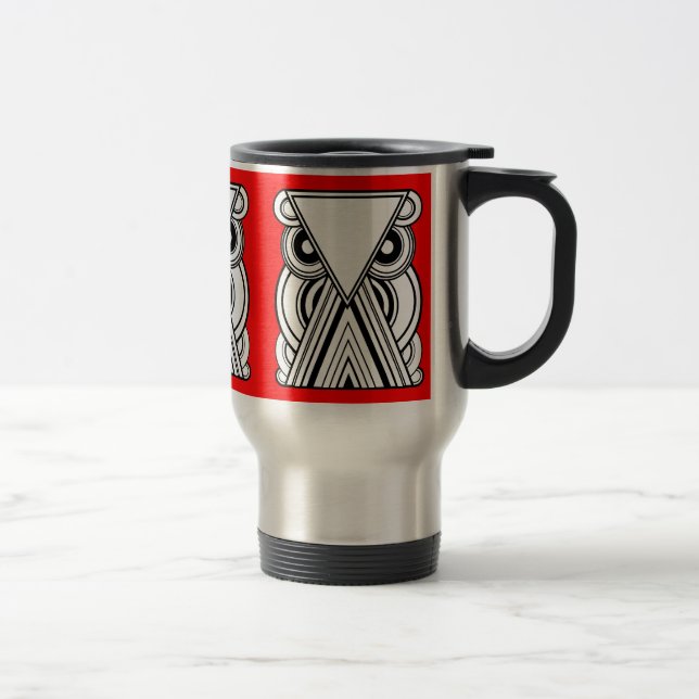 Caneca Térmica Coruja Abstrato decorativa (preto, branco e vermel (Direita)