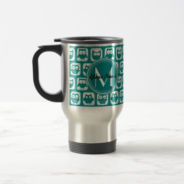 Caneca Térmica Corujas Brancas e Teais Monogramas (Esquerda)