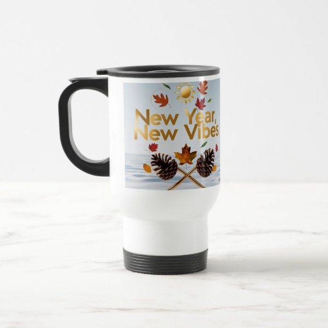 Caneca Térmica Cozy Pine Cone Leaves "New Year, New Vibes" (Esquerda)