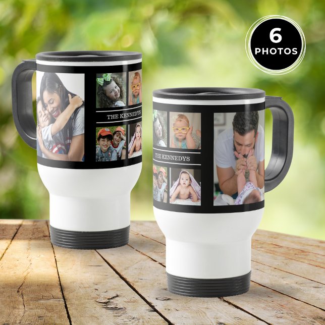 Caneca Térmica Crie a sua família de colagem de fotos 6 preta (Create Your Own 6 Photo Collage Family Black Travel Mug)