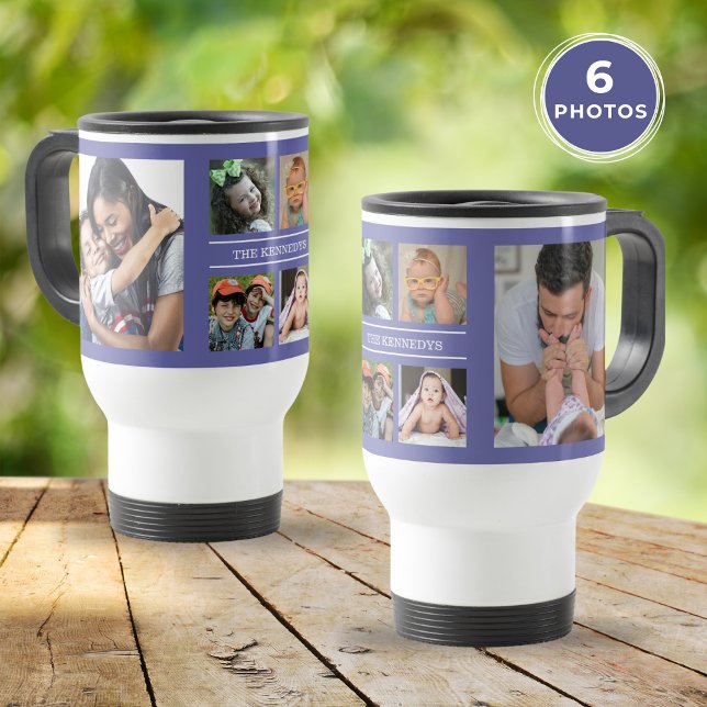 Caneca Térmica Crie o seu próprio 6 Photo Collage Family Periwink (Create Your Own 6 Photo Collage Family Periwinkle Travel Mug)