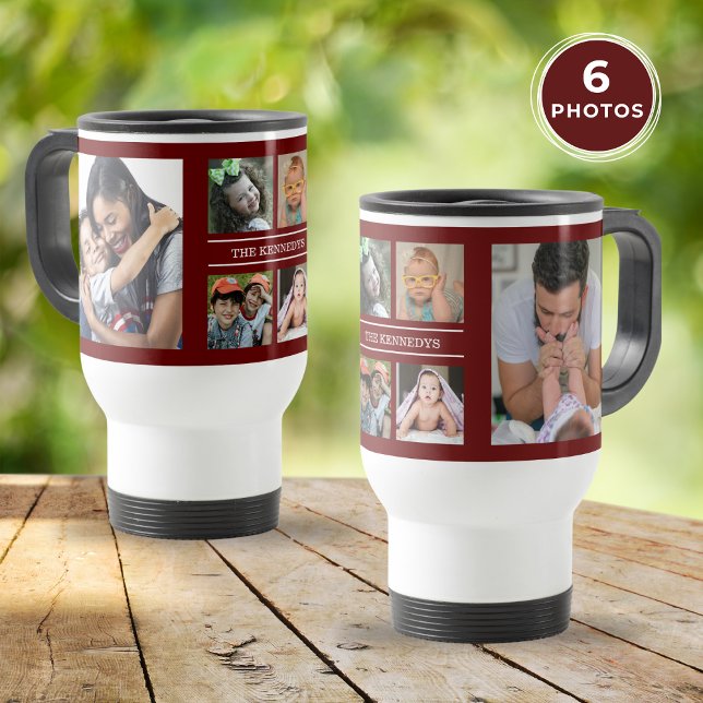 Caneca Térmica Crie o seu próprio marrom da família de colagem fo (Create Your Own 6 Photo Collage Family Maroon Travel Mug)