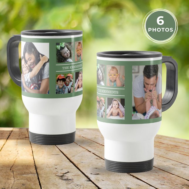 Caneca Térmica Crie seu próprio 6 verde da família de colagem de  (Create Your Own 6 Photo Collage Family Green Travel Mug)