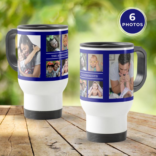 Caneca Térmica Crie seu próprio Marinho da família de colagem de  (Create Your Own 6 Photo Collage Family Navy Blue Travel Mug)