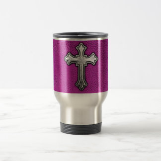 Caneca Térmica Cruz do metal no couro cor-de-rosa