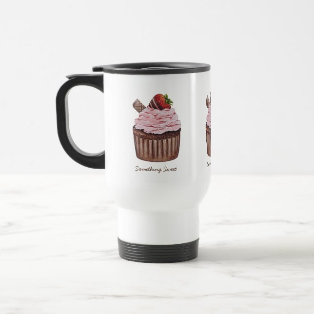 Caneca Térmica Cupcake De Morango Cujo Cama É Em Aquarela (Esquerda)
