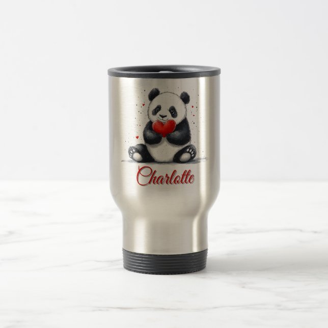 Caneca Térmica Cute Panda Segurando Coração com Nome Personalizáv (Centro)