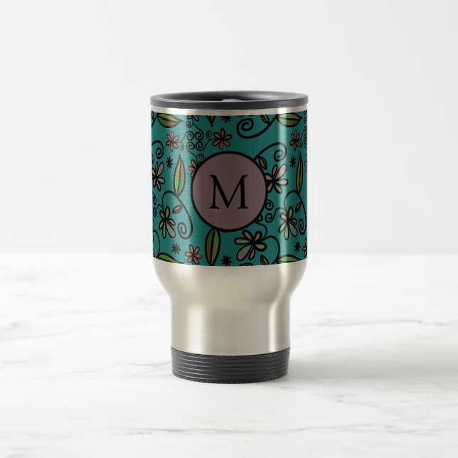 Caneca Térmica Cute Teal Floral Pattern Monogram (Centro)