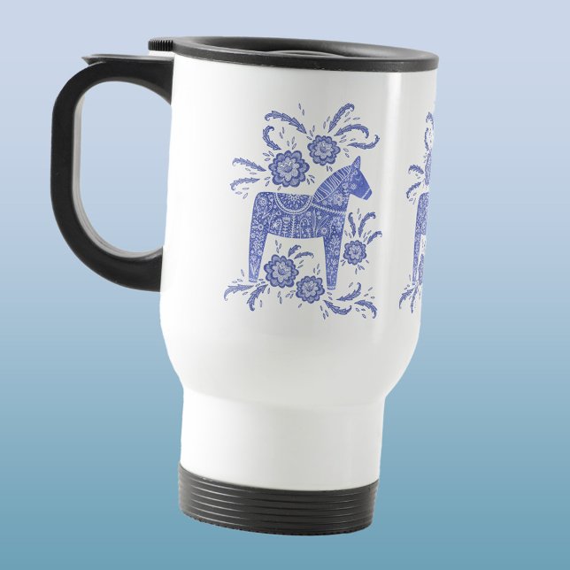 Caneca Térmica Dala Hormonas Suecas Periwinkle Azul e Branco (Swedish Dala Horse folk art blue and white travel mug)