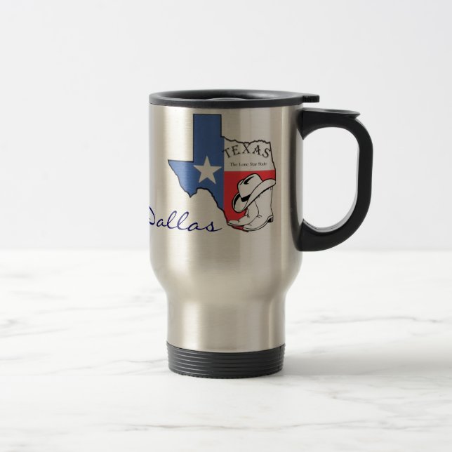 Caneca Térmica Dallas, Mapa do Estado do Texas com Star, Boots, H (Direita)