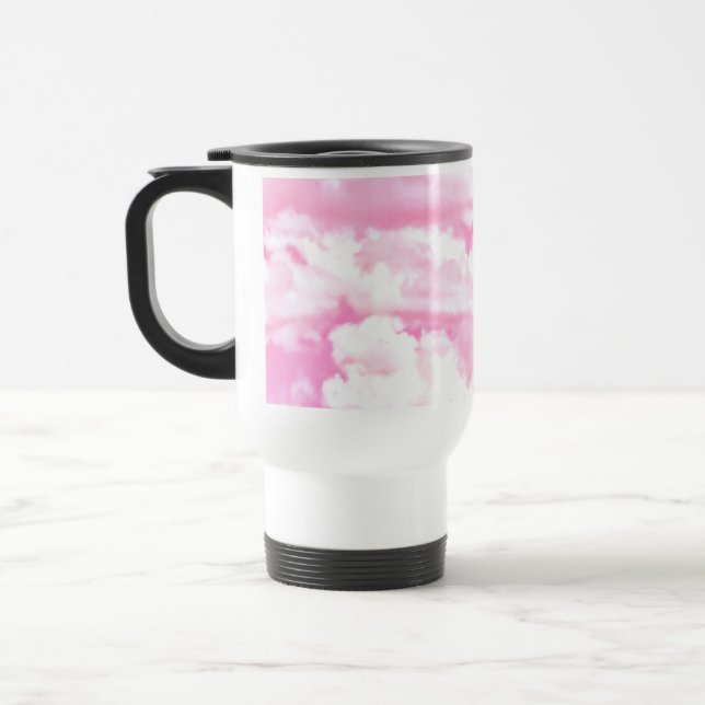 Caneca Térmica Decoração de Nuvens Felizes, Rosa, Fresca (Esquerda)
