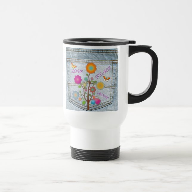 Caneca Térmica Denim Back Pocket Flores Paz Esperança (Direita)