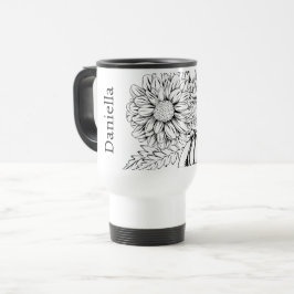 Caneca Térmica Desenho da linha preta do crisântemo com o seu nom