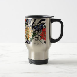 Caneca Térmica Desenho de Tatuagem de Peônia Amarela e Borboleta