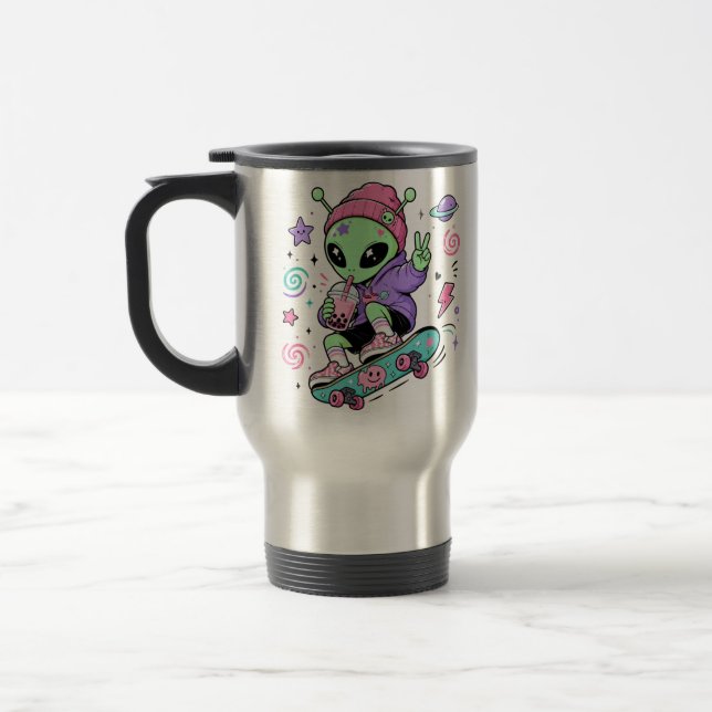 Caneca Térmica Design de Chá de Bolhas Alien Kawaii Skater (Esquerda)