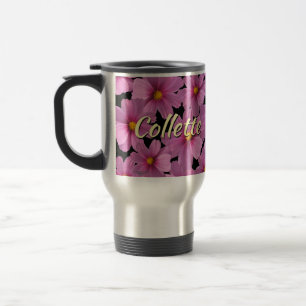 Caneca Térmica Design roxo da flor do cosmos em um fundo preto
