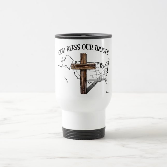 Caneca Térmica Deus abençoe Nossas Tropas com cruz e saída dos EU (Centro)