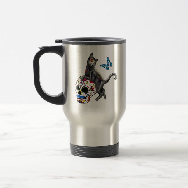 Caneca Térmica Dia Do Crânio E Borboleta De Açúcar De Gato Morto (Esquerda)