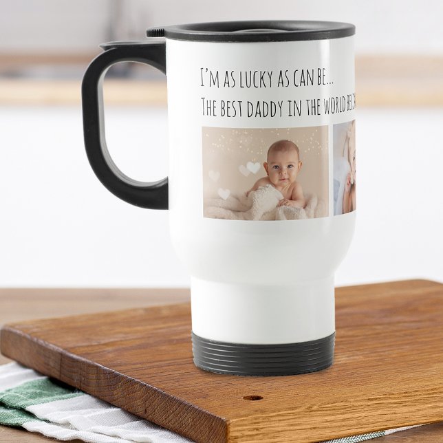 Caneca Térmica Dia dos Pais Feliz Eu Melhor Papai Fotos Personali (Father's Day Lucky Me Best Daddy Photos Customized Travel Mug)