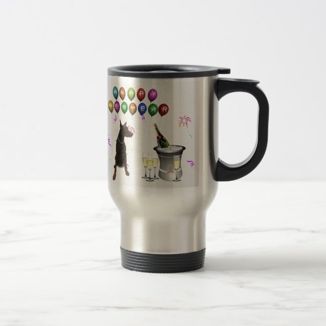 Caneca Térmica Doberman Pinscher desejando o Feliz ano novo 2016 (Direita)