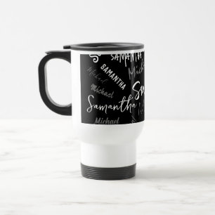 Caneca Térmica Dois nomes casal padrão monograma cinza preta bran