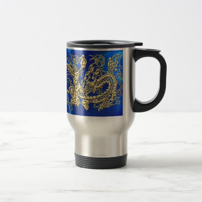 Caneca Térmica Dragão Dourado embutido em Satin Azul (Direita)